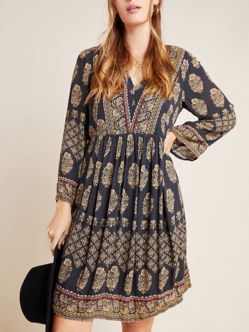 NWT Maeve Anthropologie Black Motif Boho Long Sleeve Mini Dress XS